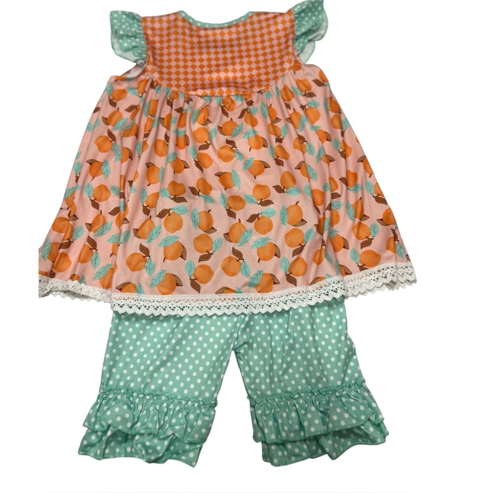 3XL(7-8 girls) Boutique Ruffle Pants Outfit
Peach Print Dress & Polka Dot Pants
